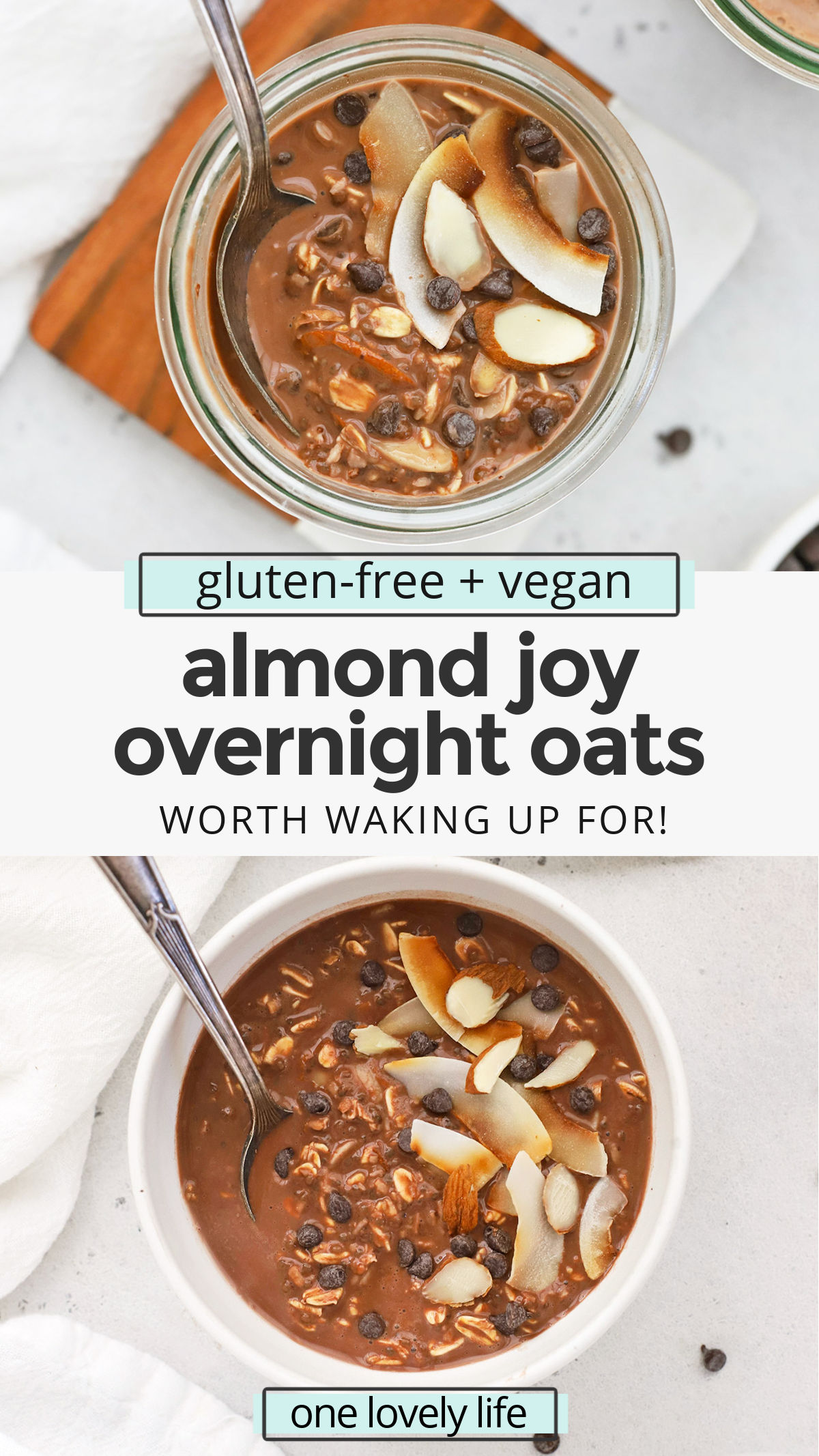 Almond Joy Overnight Oats - These creamy chocolate coconut overnight oats feel like such a treat to wake up to! (Vegan, Gluten-Free) // Healthy Breakfast // Vegan Breakfast // Gluten Free Breakfast // Chocolate Overnight Oats // Vegan Overnight Oats #almondjoy #overnightoats #healthybreakfast #vegan #glutenfree