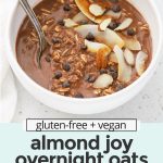 Front view of a bowl of almond joy overnight oats topped with chocolate and coconut with text overlay that reads "easy + healthy + delicious!"