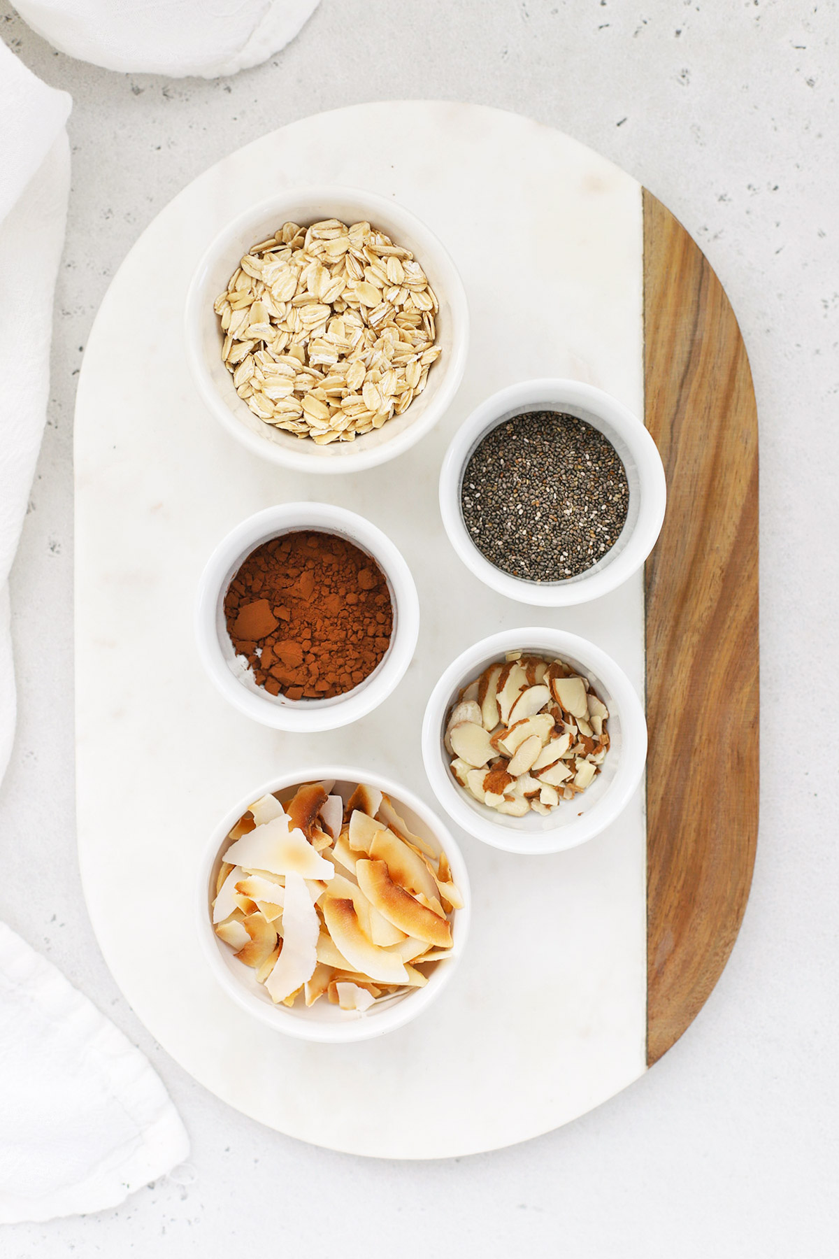 Overhead view of ingredients for making Almond Joy Overnight Oats