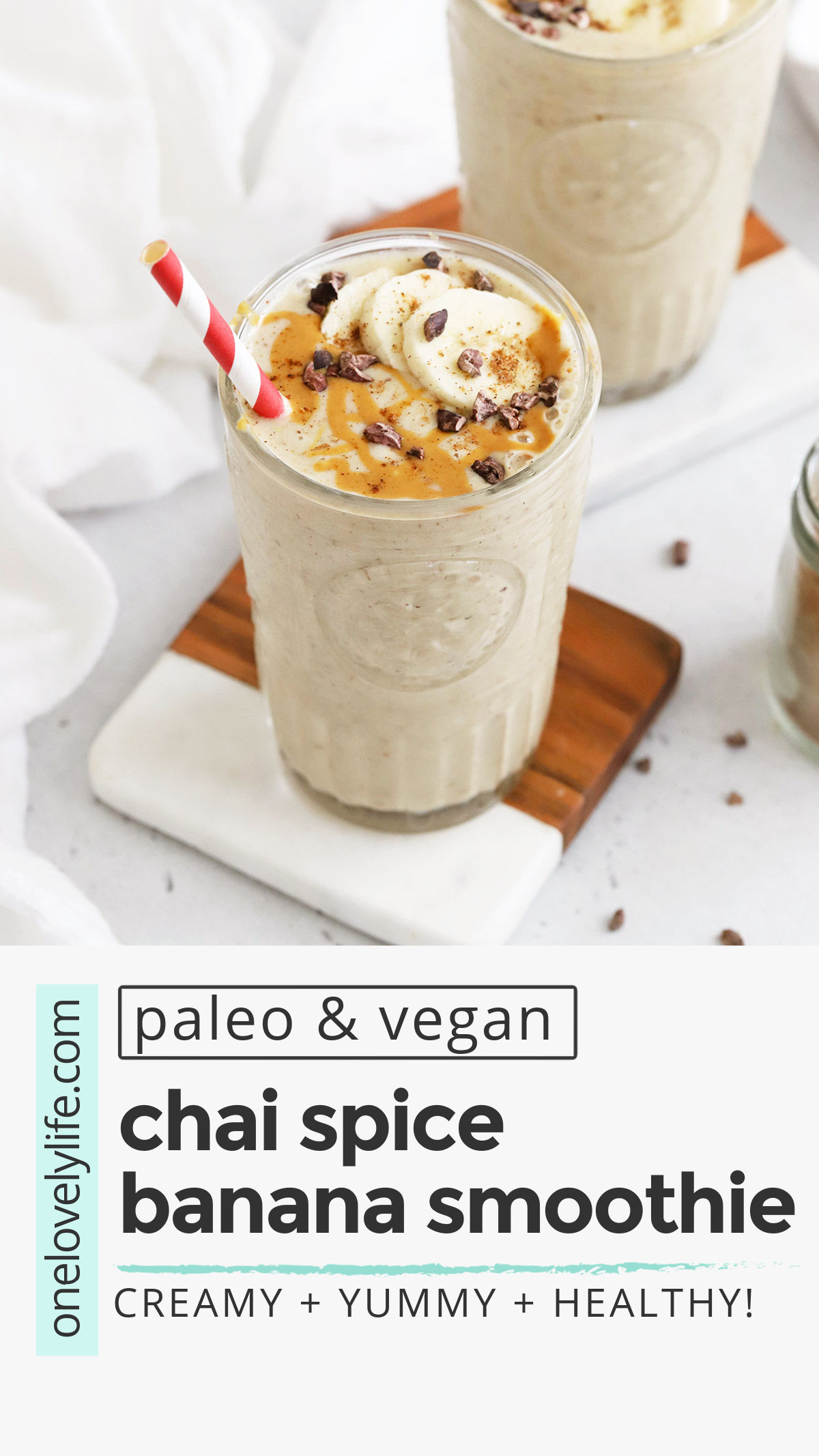 Chai Spiced Banana Smoothies - This chai banana smoothie is such a yummy change of pace! It's perfect all year long. (Paleo, Vegan) // Chai Spice Banana Smoothie // Banana Smoothie Recipe // Banana Chai Smoothie // Fall Smoothie // Winter Smoothie // Paleo Smoothie // Vegan Smoothie #smoothie #chai #banana #chaispice