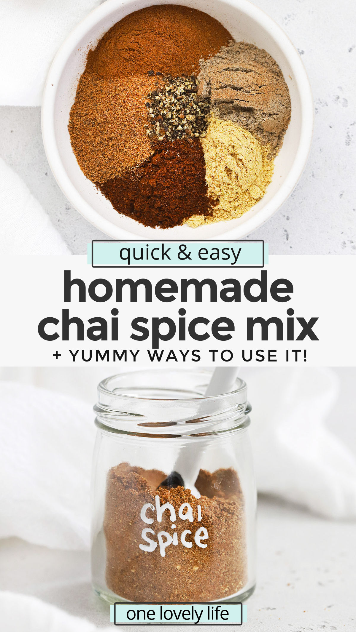 Chai Spice Mix - Learn how to make chai spice mix with our easy recipe! Add it to drinks, baked goods, and so much more. Don't miss all our favorite ways to use it in the post! (Naturally vegan, paleo, Whole30) // DIY Chai Spice // Homemade Chai Mix // Homemade Spice Blend // Chai Spice From Scratch// #chaispice #chai #fromscratch