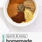 Overhead view of a bowl of homemade chai spice with text overlay that reads "quick & easy homemade chai spice mix & yummy ways to use it!"