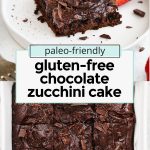 Front view of a square of gluten-free chocolate zucchini cake with chocolate frosting