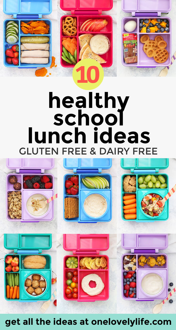 Get 2 Weeks of Healthy School Lunch Ideas in this post, plus a free printable packed lunch cheat sheet for creating your own combinations! // Gluten free school lunch ideas // paleo school lunch // paleo lunch for kids // vegan school lunch ideas // healthy school lunches // dairy free school lunch ideas // school lunch inspiration // kids bento box // kids bento lunch // toddler lunch // omie box #schoollunch #packedlunch #healthylunch