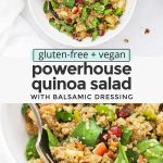 Collage of images of healthy quinoa salad with text overlay that reads "gluten-free + vegan Powerhouse Quinoa Salad with Balsamic Dressing"