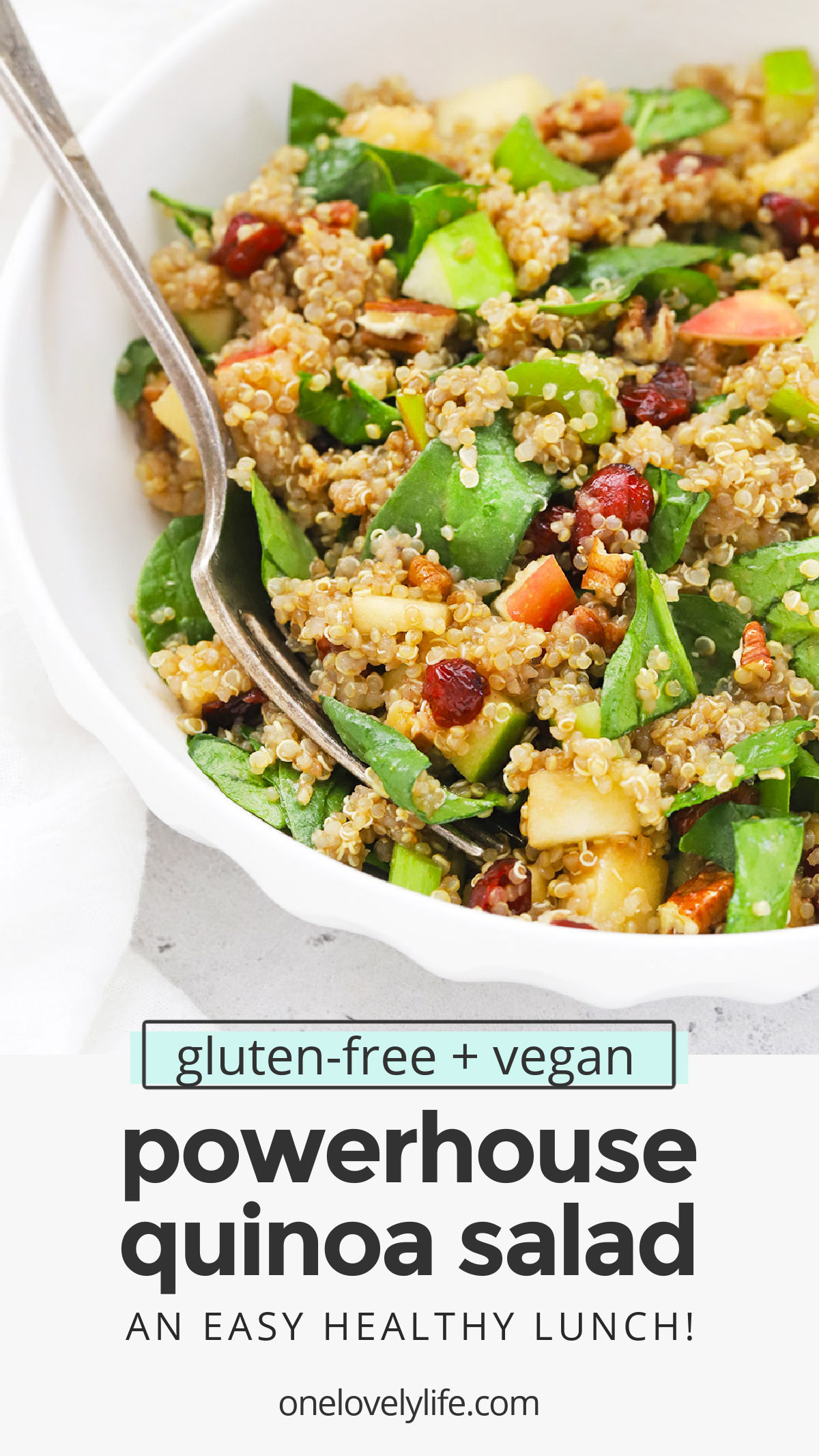 Powerhouse Quinoa Salad - This healthy quinoa salad is PACKED with superfood nutrients and flavor. It's the perfect healthy meal prep lunch! (Gluten-free + vegan) // Vegan Lunch // Healthy Lunch Ideas // Quinoa Salad Recipe // Fall Quinoa Salad // vegetarian lunch // healthy lunch recipe //