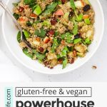 Overhead view of a bowl of healthy powerhouse quinoa salad with balsamic dressing with text overlay that reads "gluten-free + vegan Powerhouse Quinoa Salad: A Healthy Meal Prep Lunch!"