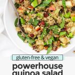 Close up verhead view of a bowl of healthy powerhouse quinoa salad with balsamic dressing with text overlay that reads "gluten-free + vegan Powerhouse Quinoa Salad with Balsamic Dressing"