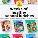 collage of images of healthy school lunches in colorful lunch boxes