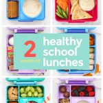 Gluten-Free School Lunches in colorful lunch boxes with text overlay that reads "'2 weeks of healthy school lunches"