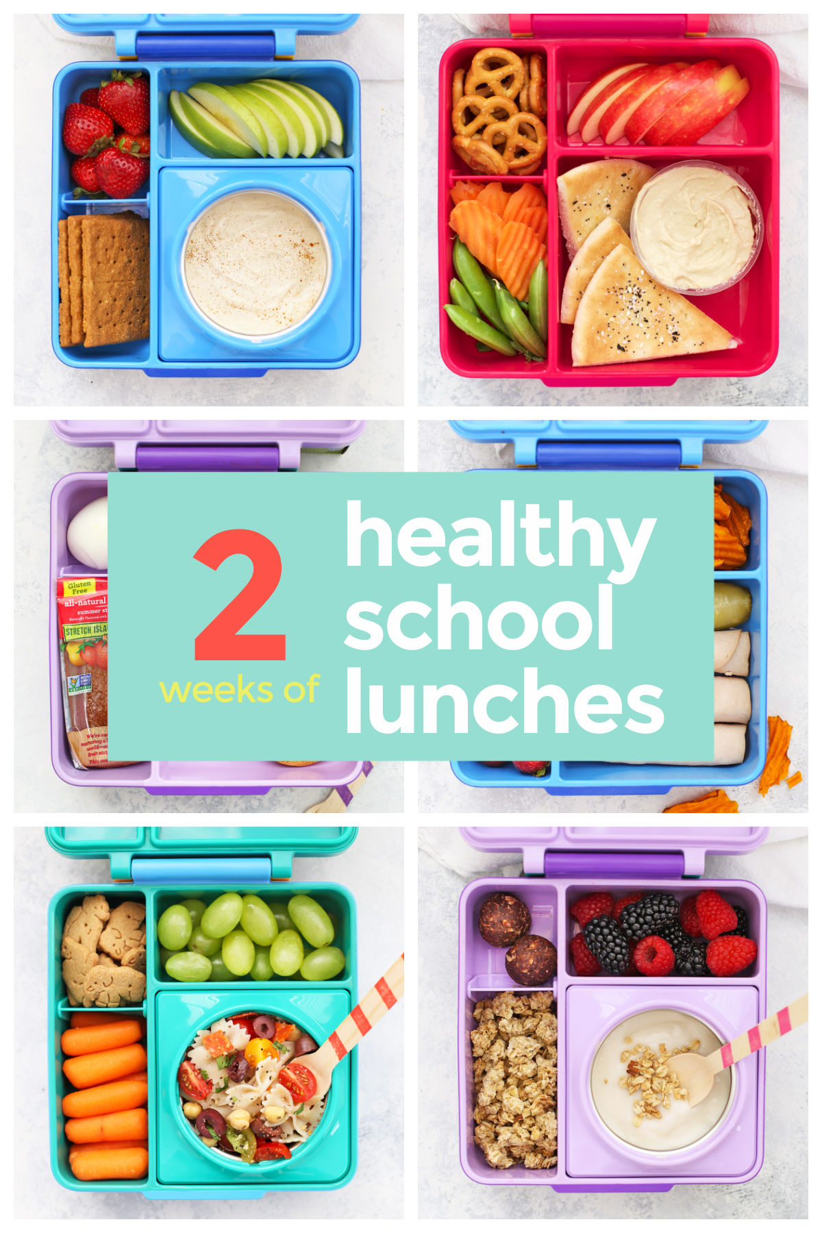 Get 2 Weeks of Healthy School Lunch Ideas in this post, plus a free printable packed lunch cheat sheet for creating your own combinations! // Gluten free school lunch ideas // paleo school lunch // paleo lunch for kids // vegan school lunch ideas // healthy school lunches // dairy free school lunch ideas // school lunch inspiration // kids bento box // kids bento lunch // toddler lunch // omie box #schoollunch #packedlunch #healthylunch