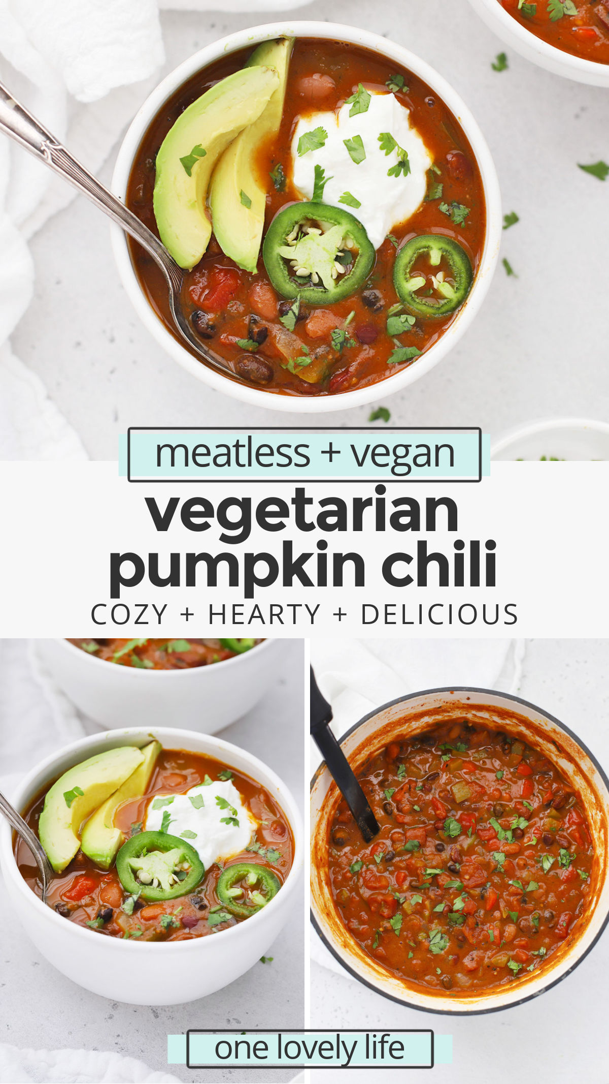 Vegetarian Pumpkin Chili - This cozy vegetarian chili recipe is perfect for cold weather and rainy days. You'll love the flavors! (Gluten-Free, Vegan) // Vegan pumpkin chili recipe // vegan chili recipe // vegetarian dinner // vegetarian lunch // healthy lunch // healthy dinner // chili cookoff recipe
