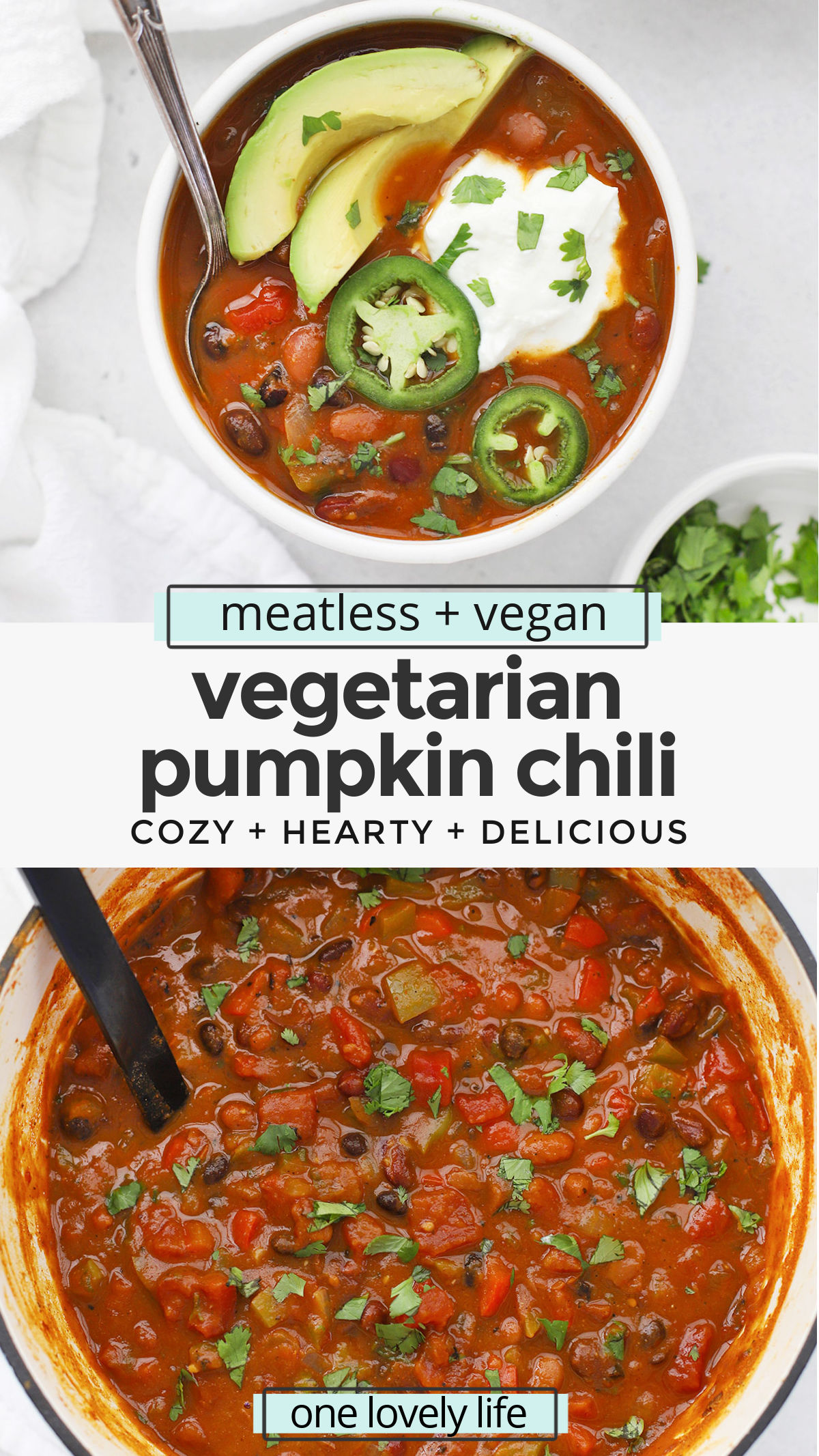 Vegetarian Pumpkin Chili - This cozy vegetarian chili recipe is perfect for cold weather and rainy days. You'll love the flavors! (Gluten-Free, Vegan) // Vegan pumpkin chili recipe // vegan chili recipe // vegetarian dinner // vegetarian lunch // healthy lunch // healthy dinner // chili cookoff recipe
