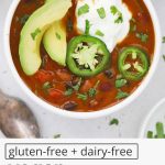 Overhead view of a bowl of vegetarian pumpkin chili topped with sour cream, jalapeño, and avocado Collage of images of vegetarian pumpkin chili with text overlay that reads "gluten-free + dairy-free vegetarian pumpkin chili: cozy + hearty + delicious"