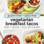 Collage of images of healthy breakfast tacos with text overlay that reads "gluten-free + dairy-free vegetarian breakfast tacos: quick + easy + full of flavor!"