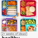 Gluten-Free School Lunches in colorful lunch boxes with text overlay that reads "2+ weeks of ideas! healthy school lunches: gluten & dairy-free + paleo + vegan ideas!"