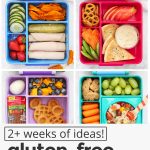 Healthy School Lunches in colorful lunch boxes with text overlay that reads "2+ weeks of ideas! gluten-free school lunches: gluten & dairy-free + paleo + vegan ideas!"