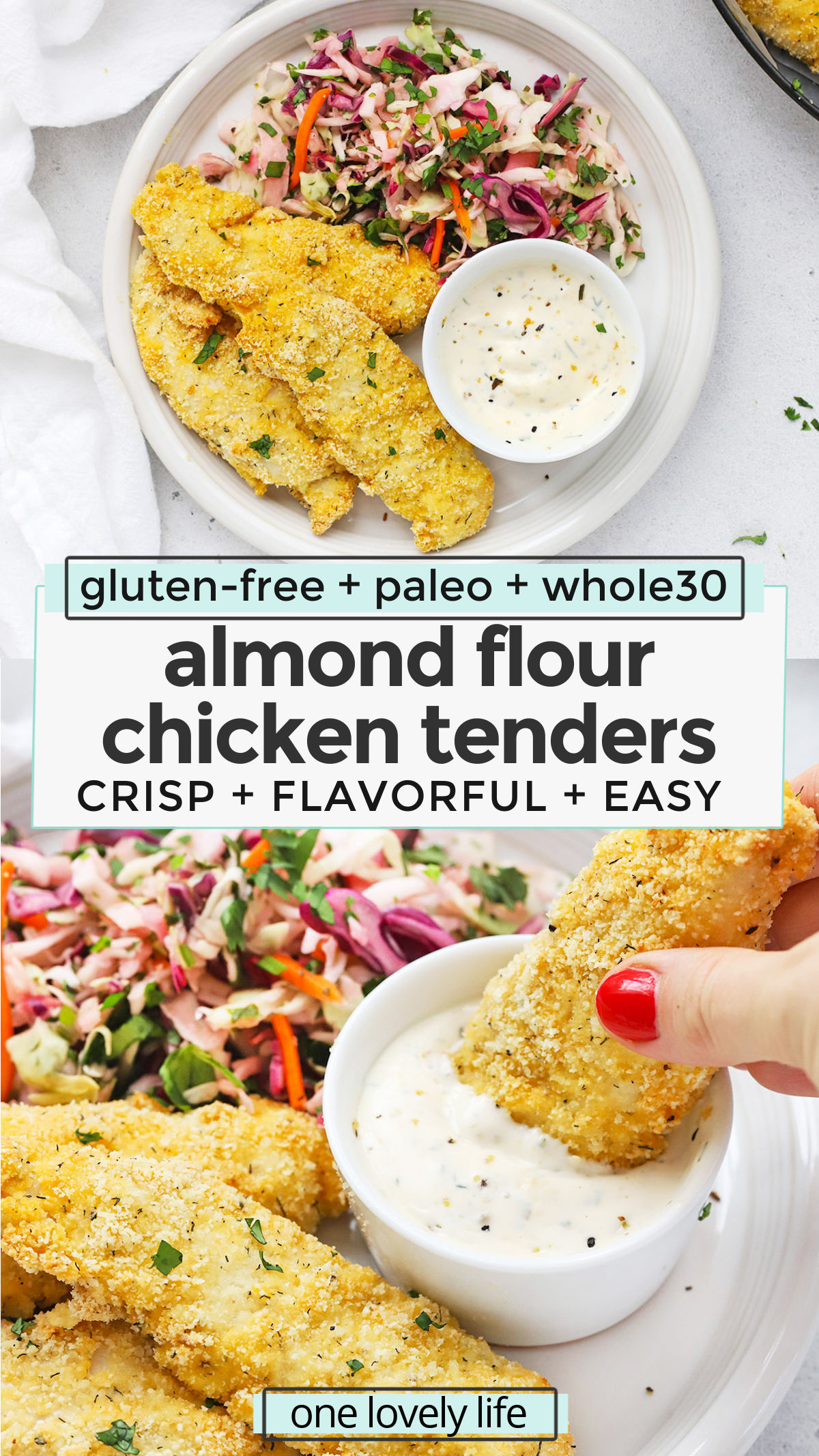 Almond Flour Chicken Tenders - These healthy chicken tenders are breaded with seasoned almond flour and cooked to perfection. Enjoy them on their own, or try them with one of our dipping sauces below! (Paleo, Whole30, Gluten-Free) // Paleo Chicken Tenders // Whole30 Chicken Tenders // Crispy Chicken Tenders // Gluten Free Chicken Tenders // Paleo dinner // Whole30 dinner #easydinner #whole30 #paleo #glutenfree #almondflour #lowcarb #chickentenders