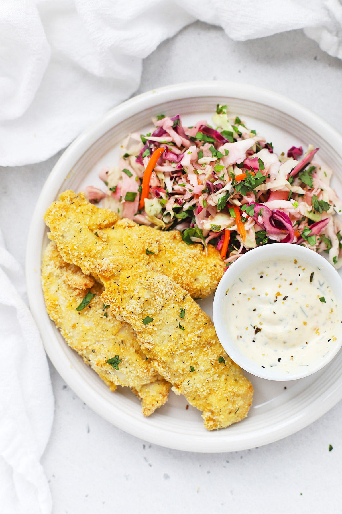 Paleo Almond Flour Chicken Tenders with ranch and cilantro lime slaw