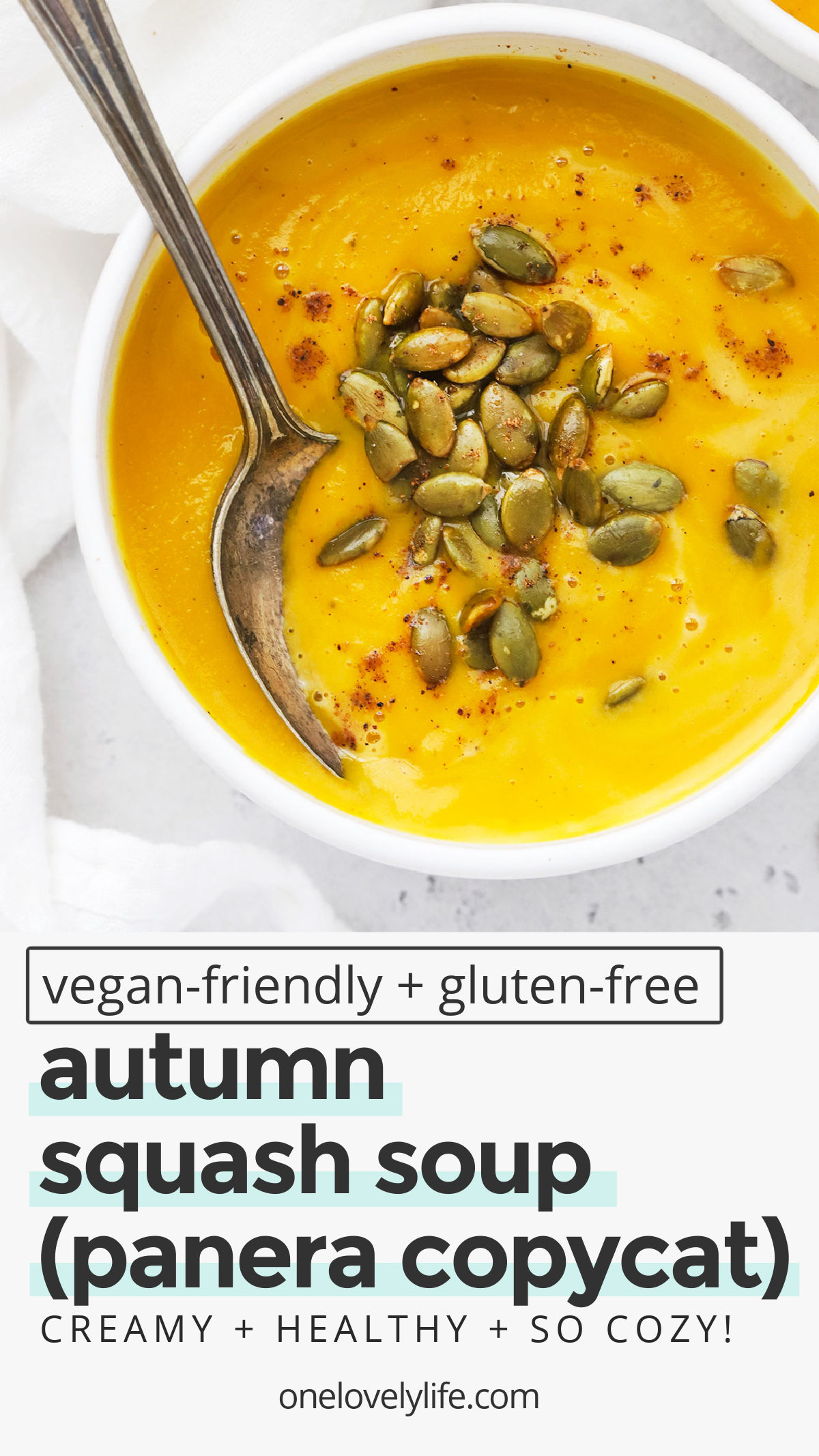 Autumn Squash Soup - We recreated the Panera squash soup recipe so you can make it at home! This creamy squash soup has the perfect blend of spices and is sure to warm you up on a chilly day. (Paleo, Vegan-Friendly) // Panera Autumn Squash Soup recipe // fall squash soup recipe // vegetarian squash soup // #squashsoup #squash #glutenfree #paleo #dairyfree #vegetarian