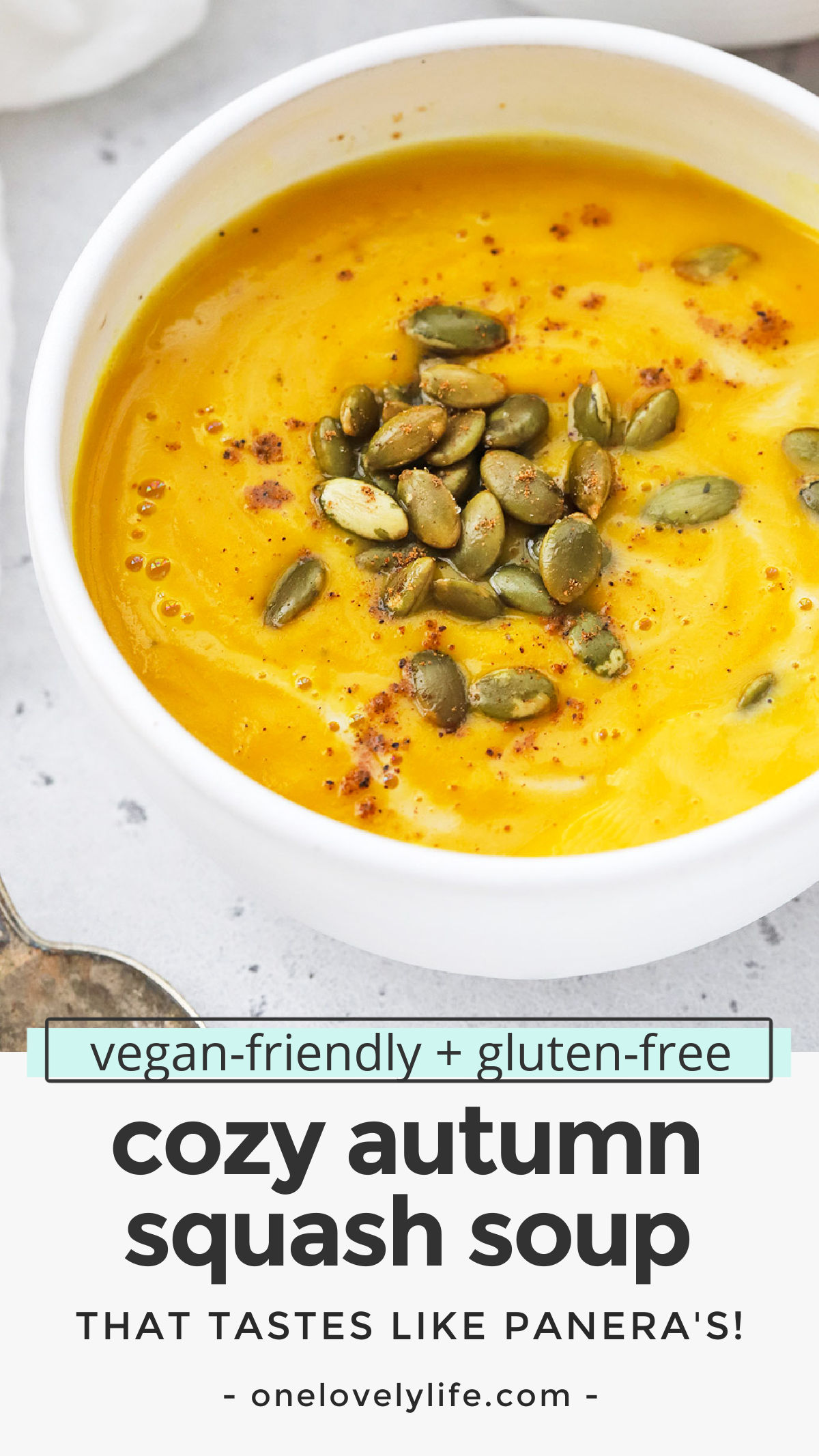 Autumn Squash Soup - We recreated the Panera squash soup recipe so you can make it at home! This creamy squash soup has the perfect blend of spices and is sure to warm you up on a chilly day. (Paleo, Vegan-Friendly) // Panera Autumn Squash Soup recipe // fall squash soup recipe // vegetarian squash soup // #squashsoup #squash #glutenfree #paleo #dairyfree #vegetarian