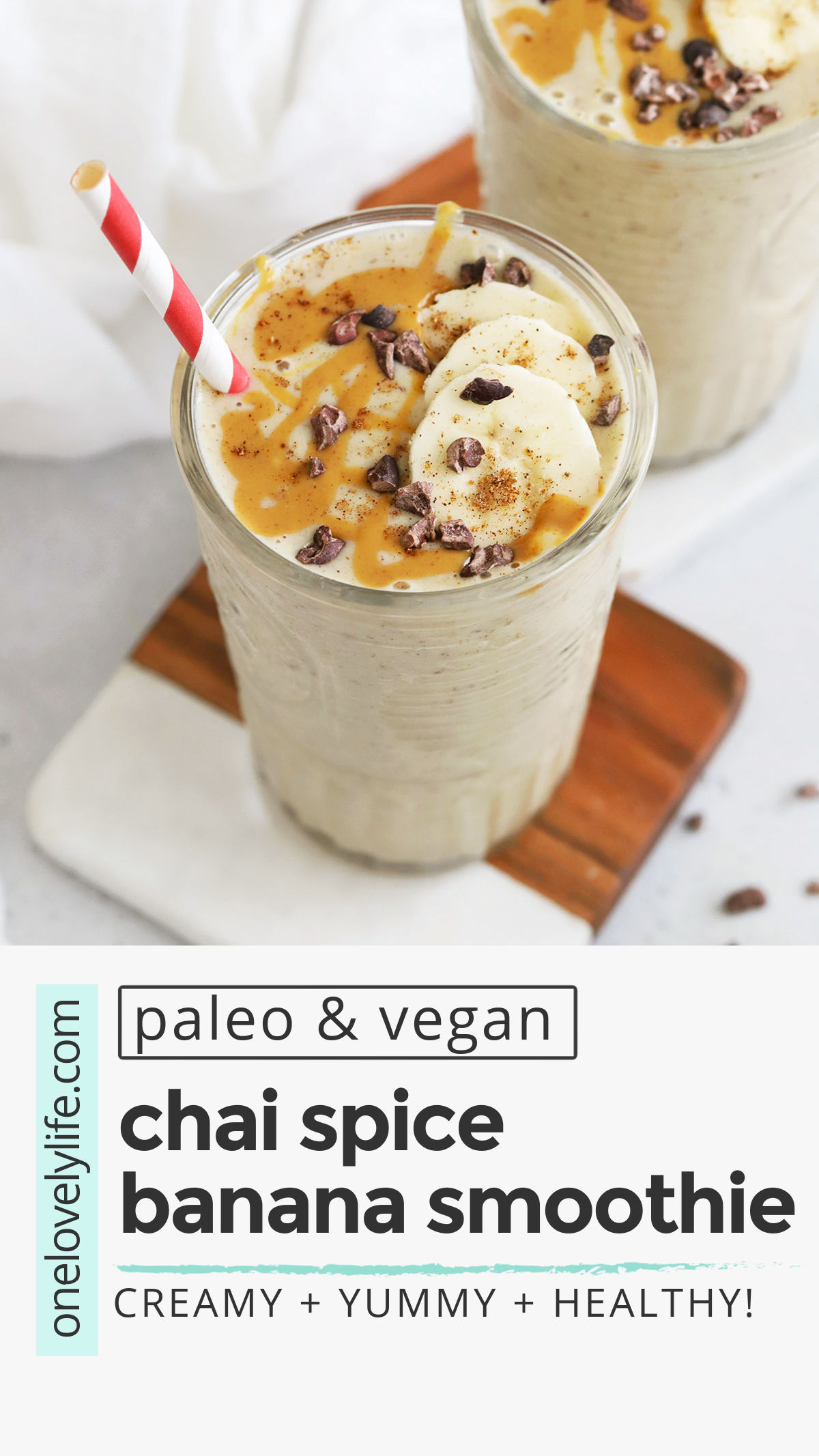 Chai Spiced Banana Smoothies - This chai banana smoothie is such a yummy change of pace! It's perfect all year long. (Paleo, Vegan) // Chai Spice Banana Smoothie // Banana Smoothie Recipe // Banana Chai Smoothie // Fall Smoothie // Winter Smoothie // Paleo Smoothie // Vegan Smoothie
