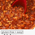 Overhead view of a pot of healthy chicken sloppy joes with text overlay that reads "gluten-free + easy healthy chicken sloppy joes: a lighter take on the original"