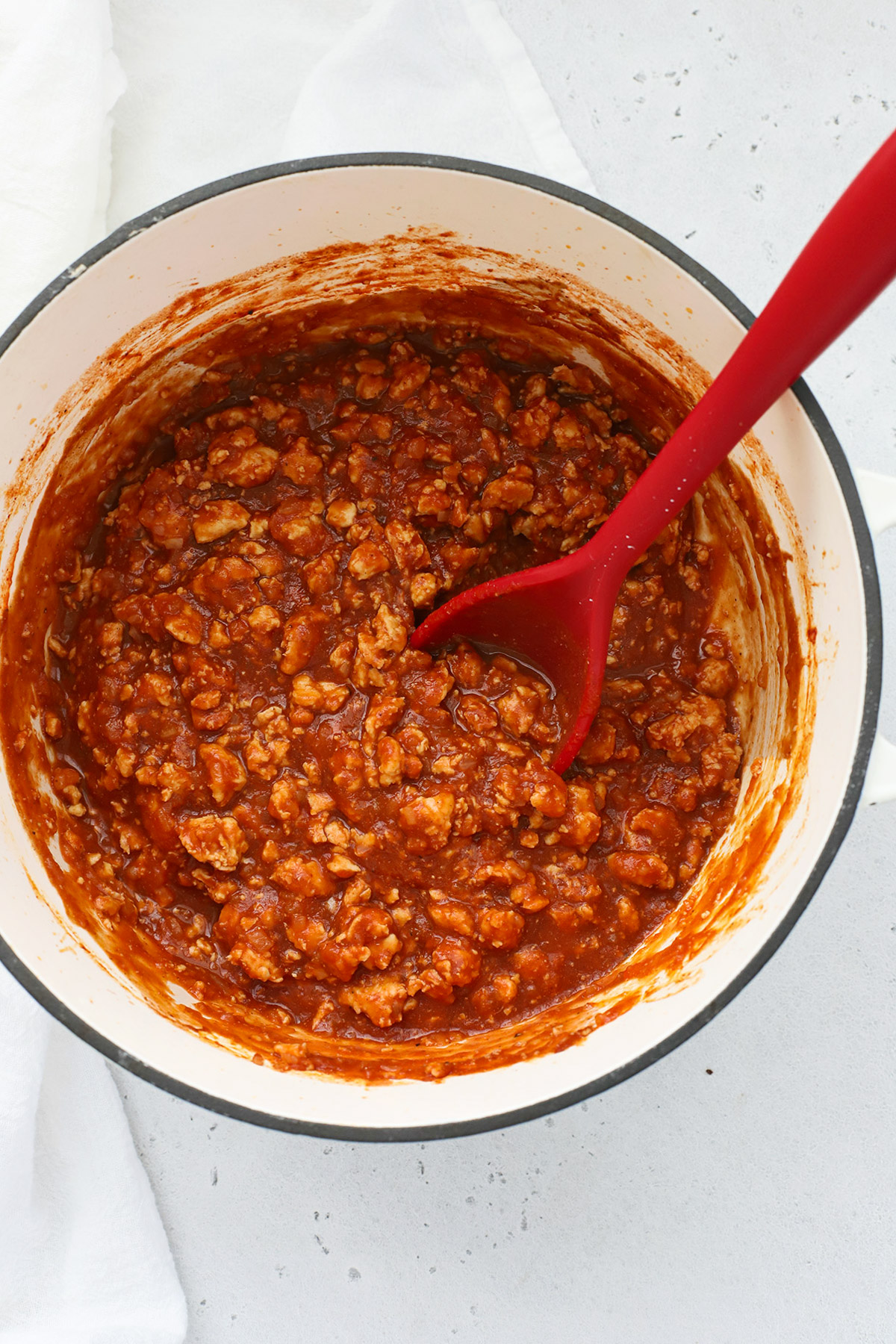 Overhead view of a pot of healthy chicken sloppy joes