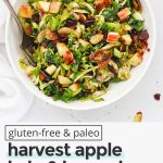 Overhead view of Harvest Apple Kale Brussels Sprouts Salad with Balsamic-Herb Dressing with text overlay that reads "Gluten-Free & Paleo Harvest Apple Kale & Brussels Salad: Simple + Healthy + Delicious"