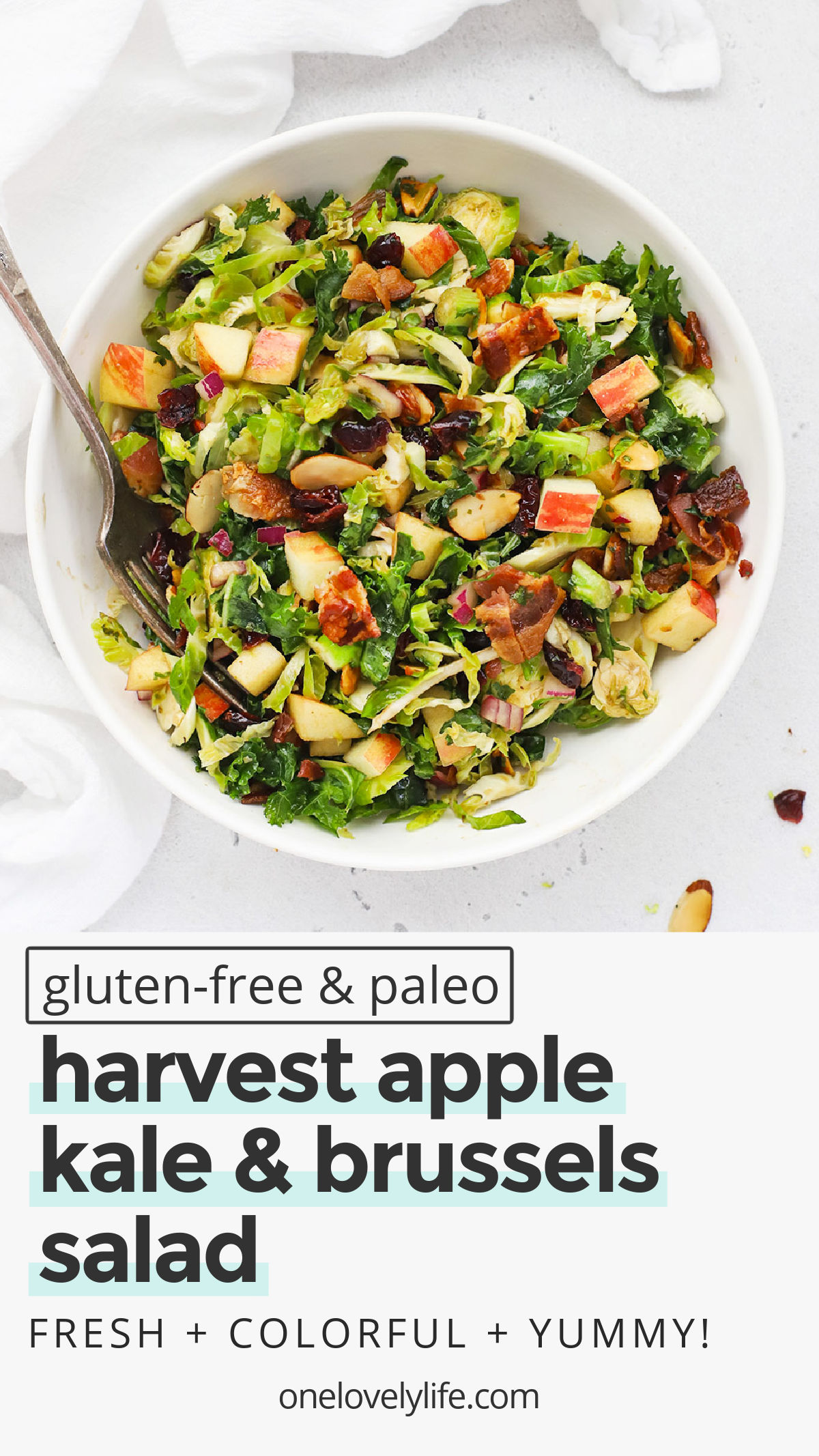 Harvest Apple Kale & Brussels Sprouts Salad - This colorful kale and Brussels sprouts salad is perfect when the weather turns cold. You'll love the mix-ins! // Apple Kale Brussels Sprouts Salad // Fall Salad // Winter Salad // Thanksgiving Side Dish // Holiday Side Dish // Brussels Sprouts Salad //