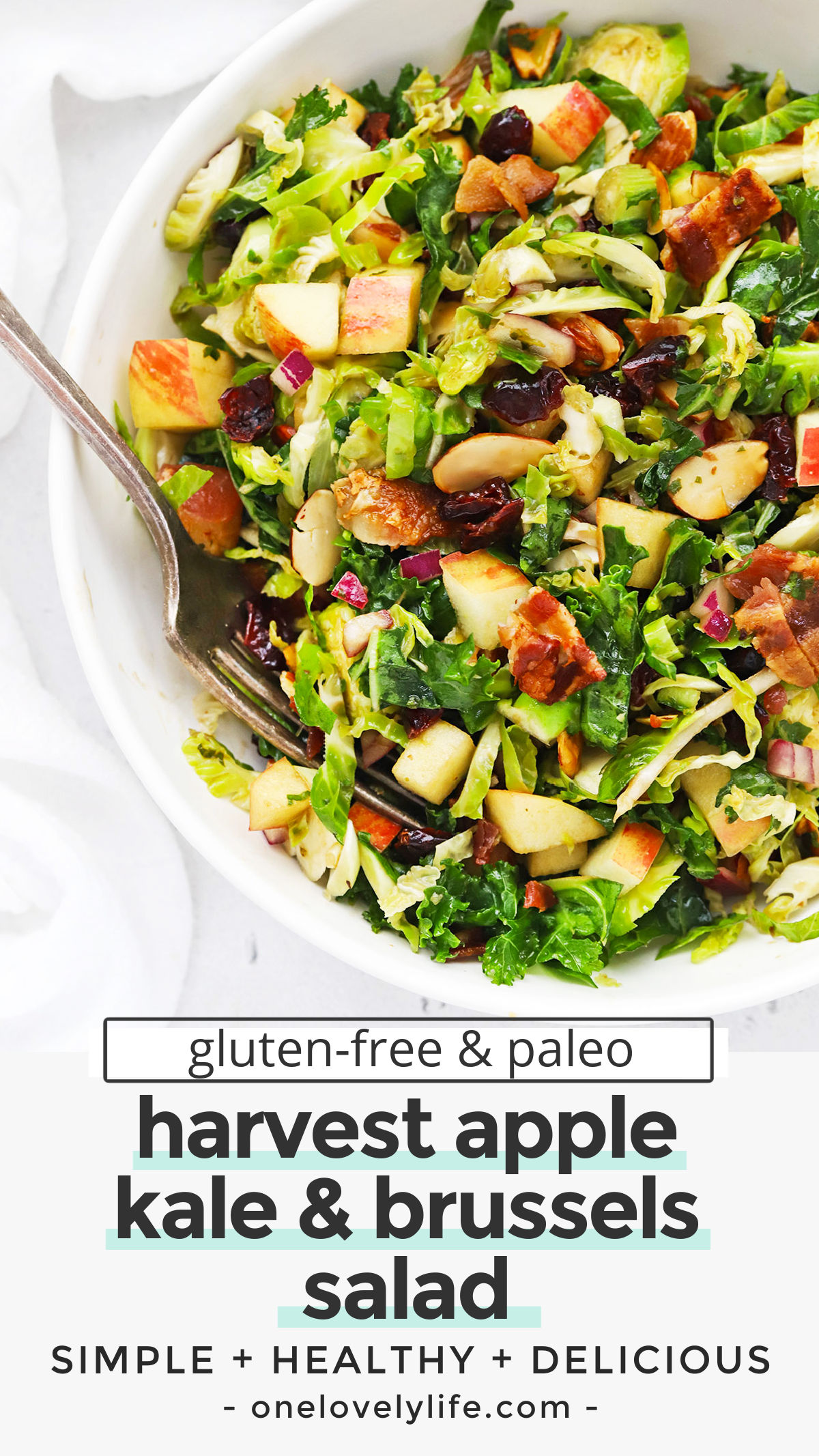 Harvest Apple Kale & Brussels Sprouts Salad - This colorful kale and Brussels sprouts salad is perfect when the weather turns cold. You'll love the mix-ins! // Apple Kale Brussels Sprouts Salad // Fall Salad // Winter Salad // Thanksgiving Side Dish // Holiday Side Dish // Brussels Sprouts Salad // #brusselssprouts #healthysalad #fallsalad #sidedish #thanksgiving #christmas
