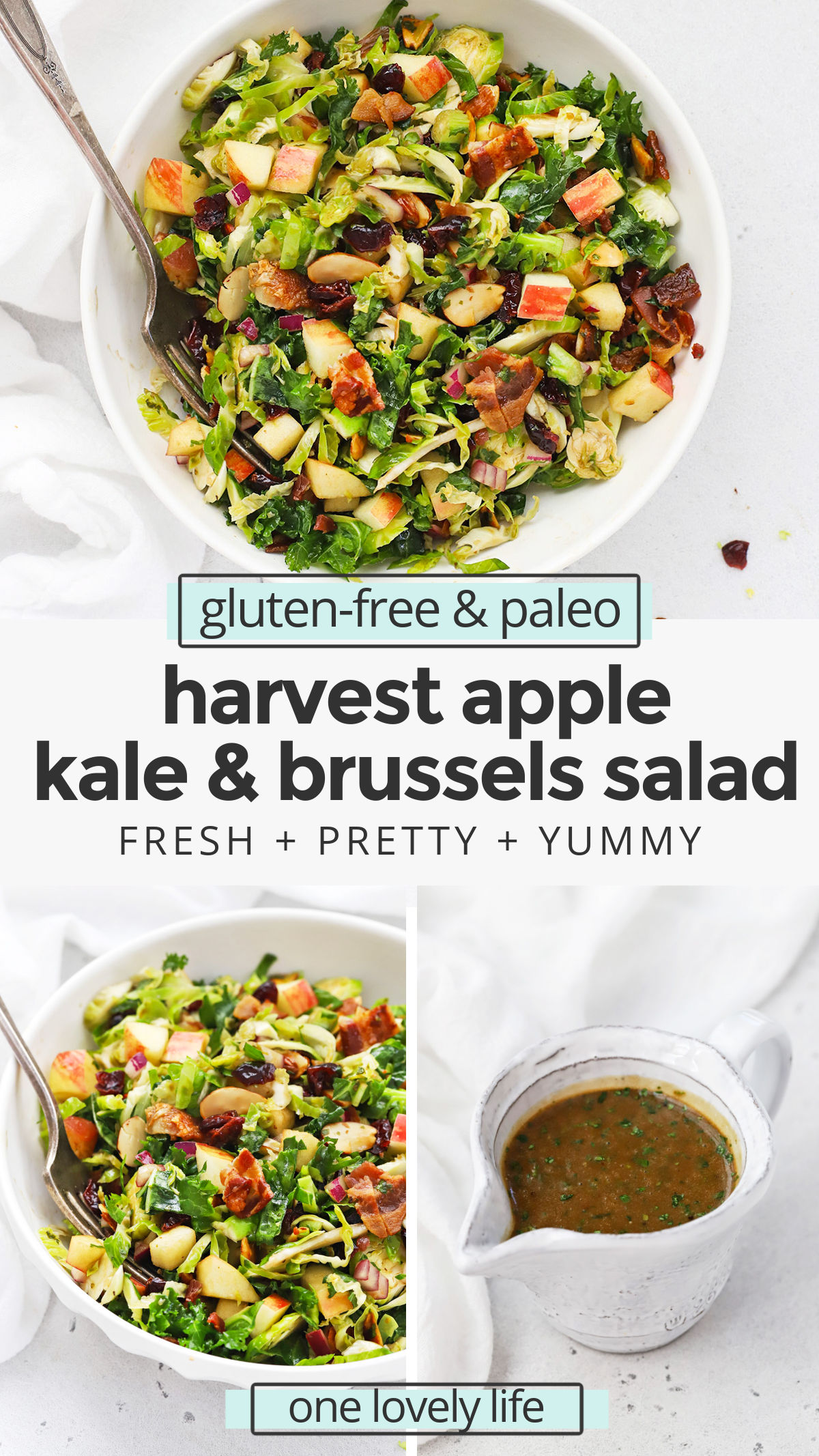 Harvest Apple Kale & Brussels Sprouts Salad - This colorful kale and Brussels sprouts salad is perfect when the weather turns cold. You'll love the mix-ins! // Apple Kale Brussels Sprouts Salad // Fall Salad // Winter Salad // Thanksgiving Side Dish // Holiday Side Dish // Brussels Sprouts Salad //