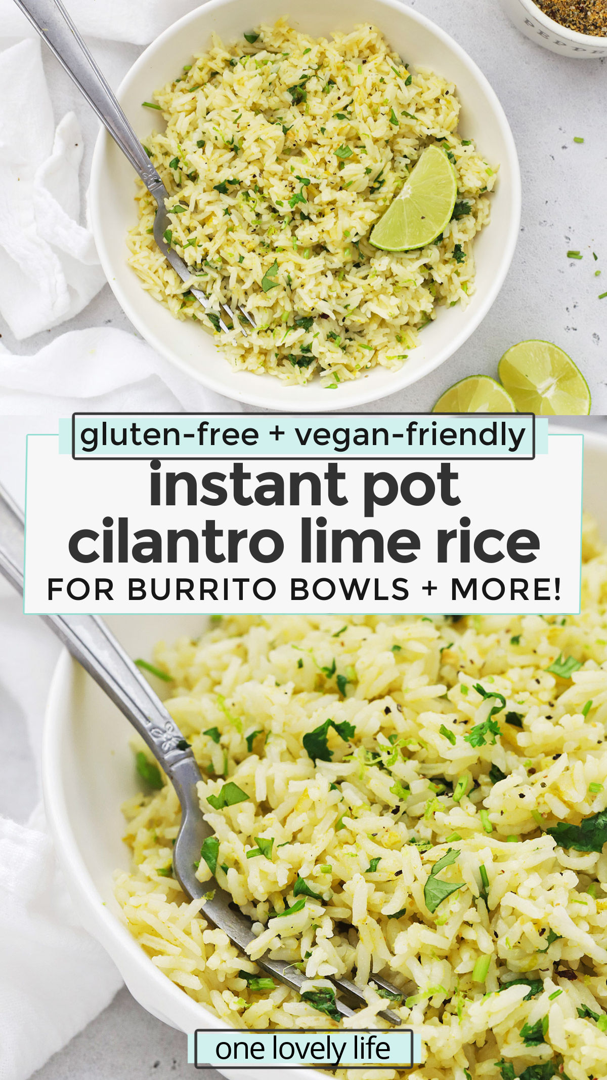 Instant Pot Cilantro Lime Rice - Restaurant style cilantro lime rice is easier than ever thanks to the pressure cooker! This method will give you fluffy, flavorful rice perfect as a side dish, tucked into burrito bowls, burritos & more! (Vegan-friendly, gluten-free) // Chipotle Cilantro Lime Rice // Cafe Rio Cilantro Lime Rice // Pressure Cooker Cilantro Lime Rice // #sidedish #cilantrolimerice #rice #burritobowls #tacos #burritos #texmex #taconight #glutenfree #vegetarian