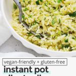 Front view of a bowl of Instant Pot Cilantro Lime Rice with text overlay that reads "gluten-free + vegan-friendly instant pot cilantro lime rice for burrito bowls + more!"