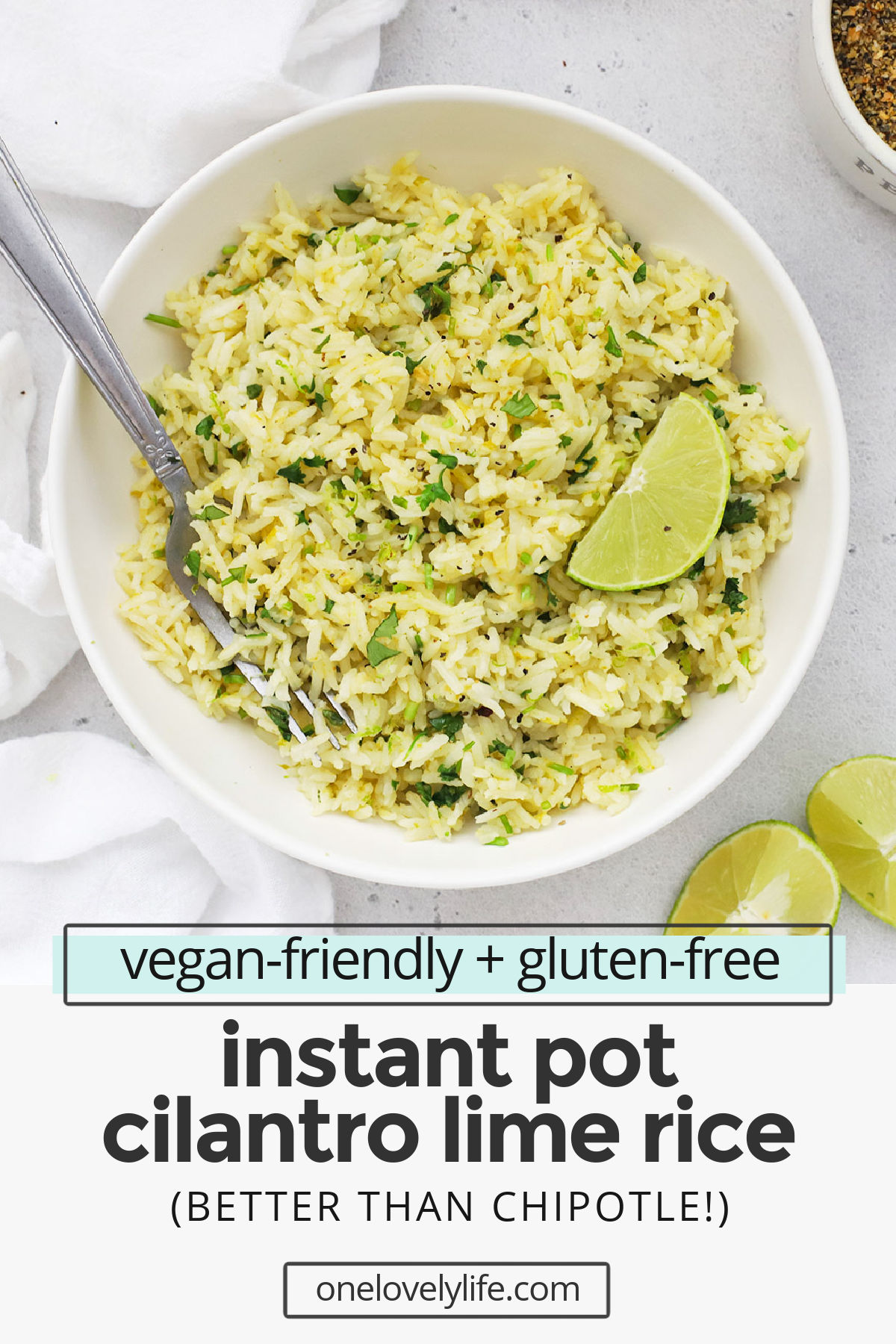 Instant Pot Cilantro Lime Rice - Restaurant style cilantro lime rice is easier than ever thanks to the pressure cooker! This method will give you fluffy, flavorful rice perfect as a side dish, tucked into burrito bowls, burritos & more! (Vegan-friendly, gluten-free) // Chipotle Cilantro Lime Rice // Cafe Rio Cilantro Lime Rice // Pressure Cooker Cilantro Lime Rice // #sidedish #cilantrolimerice #rice #burritobowls #tacos #burritos #texmex #taconight #glutenfree #vegetarian