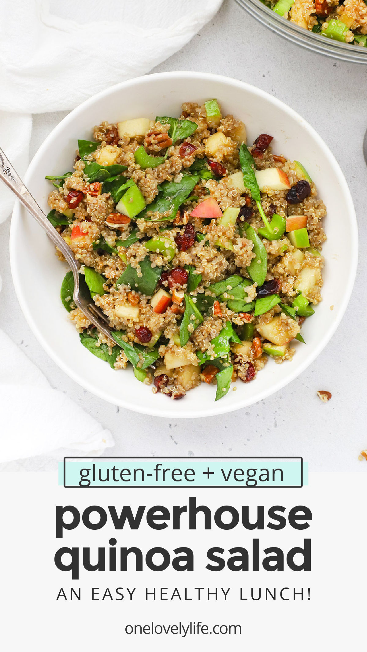 Powerhouse Quinoa Salad - This healthy quinoa salad is PACKED with superfood nutrients and flavor. It's the perfect healthy meal prep lunch! (Gluten-free + vegan) // Vegan Lunch // Healthy Lunch Ideas // Quinoa Salad Recipe // Fall Quinoa Salad // vegetarian lunch // healthy lunch recipe //