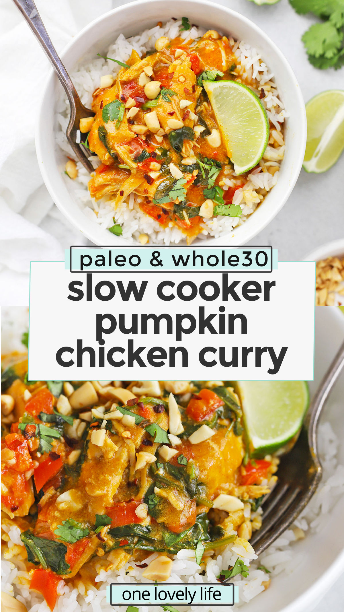 Slow Cooker Pumpkin Chicken Curry - This cozy pumpkin curry has tender chicken, colorful veggies & a mega-flavorful sauce to warm you up from the inside out. (Paleo, Whole30, Gluten-Free) // Pumpkin Curry Recipe // Slow cooker curry // savory pumpkin recipes // healthy dinner // paleo slow cooker recipe // whole30 slow cooker recipe // paleo chicken // healthy pumpkin recipe