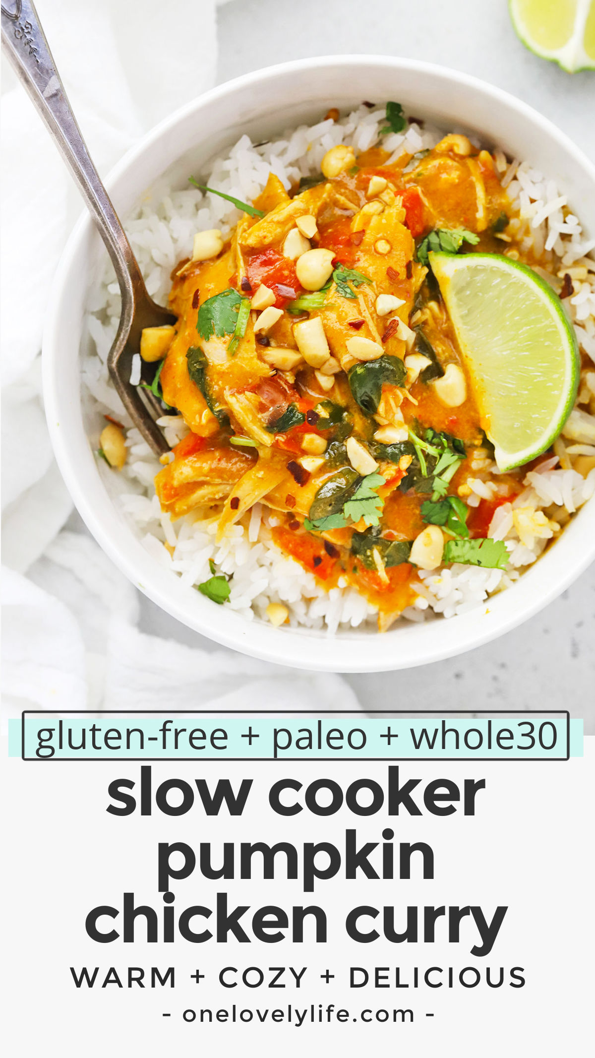 Slow Cooker Pumpkin Chicken Curry - This cozy pumpkin curry has tender chicken, colorful veggies & a mega-flavorful sauce to warm you up from the inside out. (Paleo, Whole30, Gluten-Free) // Pumpkin Curry Recipe // Slow cooker curry // savory pumpkin recipes // healthy dinner // paleo slow cooker recipe // whole30 slow cooker recipe // paleo chicken // healthy pumpkin recipe #glutenfree #pumpkin #slowcooker #crockpot #paleo #whole30