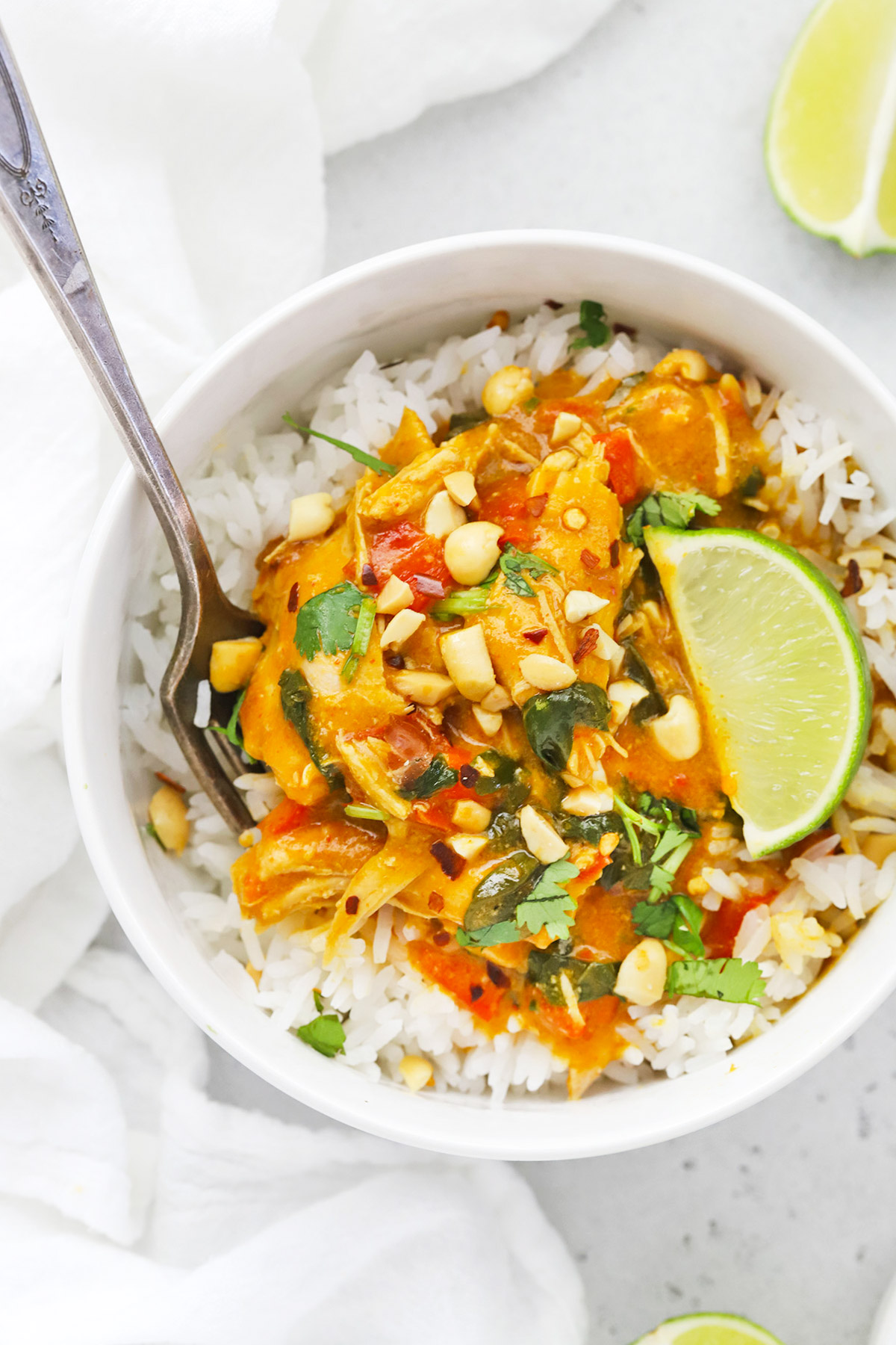 Close up overhead view of Healthy pumpkin chicken curry topped with crushed peanuts and fresh cilantro