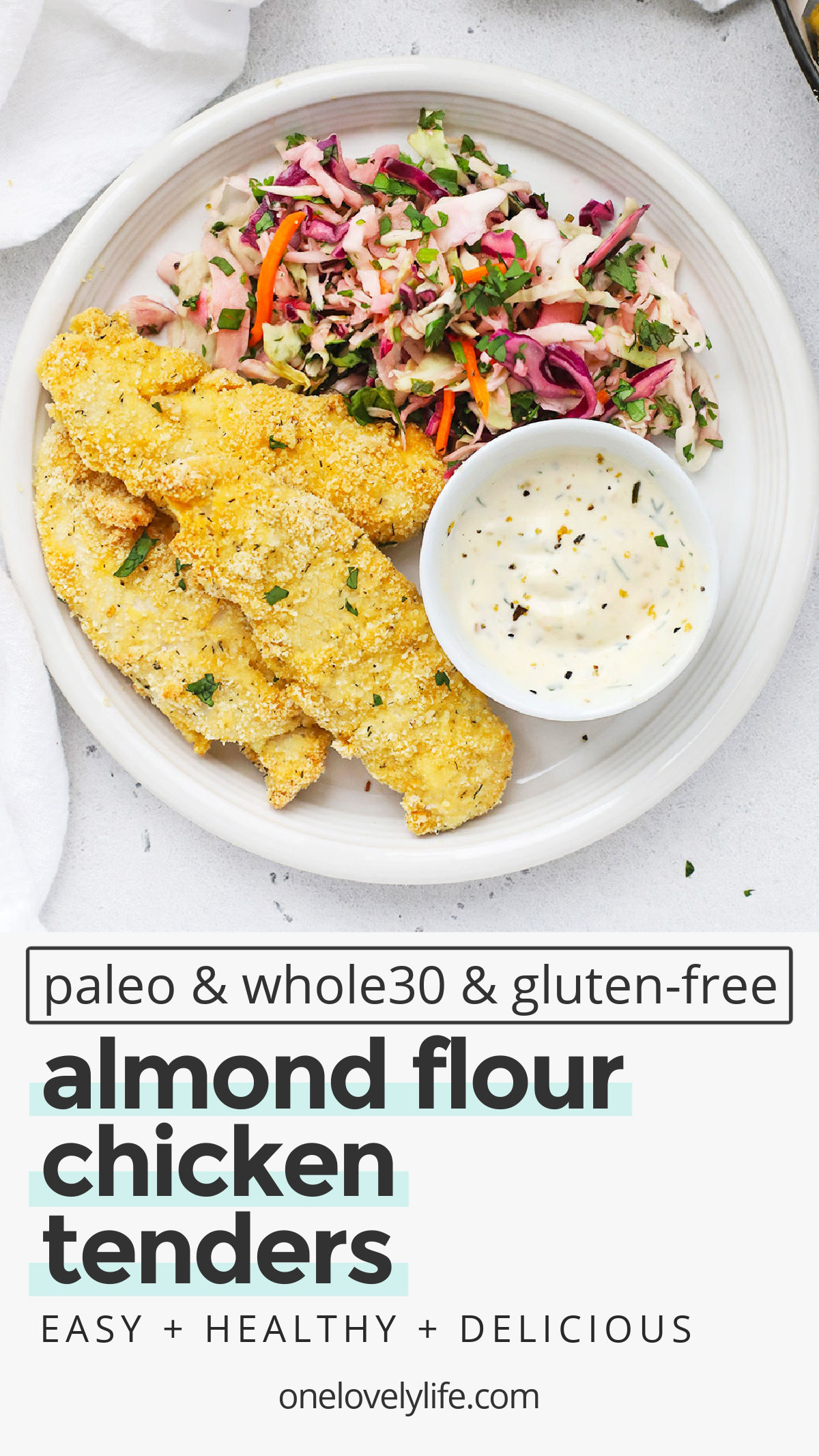 Almond Flour Chicken Tenders - These healthy chicken tenders are breaded with seasoned almond flour and cooked to perfection. Enjoy them on their own, or try them with one of our dipping sauces below! (Paleo, Whole30, Gluten-Free) // Paleo Chicken Tenders // Whole30 Chicken Tenders // Crispy Chicken Tenders // Gluten Free Chicken Tenders // Paleo dinner // Whole30 dinner #easydinner #whole30 #paleo #glutenfree #almondflour #lowcarb #chickentenders
