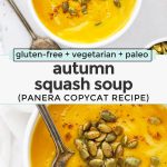 Panera Copycat Autumn Squash Soup in white bowls topped with pumpkin seeds