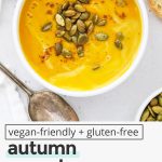 Panera Copycat Autumn Squash Soup in white bowls topped with pumpkin seeds