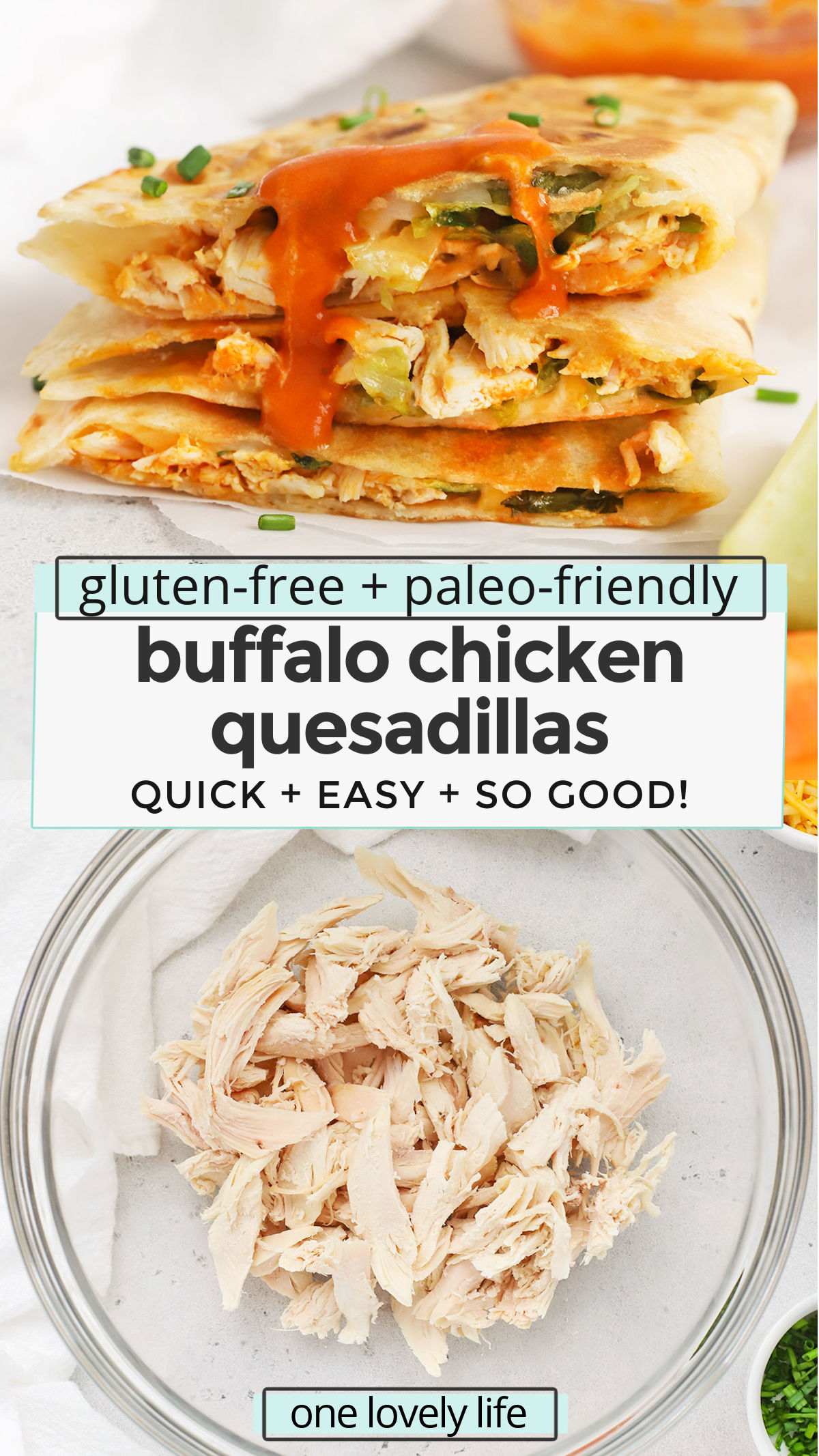 Buffalo Chicken Quesadillas - These gluten-free quesadillas are stuffed with Buffalo chicken, creamy ranch, lettuce, and your favorite cheese. They're quick, easy, and MAJORLY delicious! (Gluten-Free, Grain-Free Friendly // Buffalo Quesadillas // Buffalo Chicken Recipes