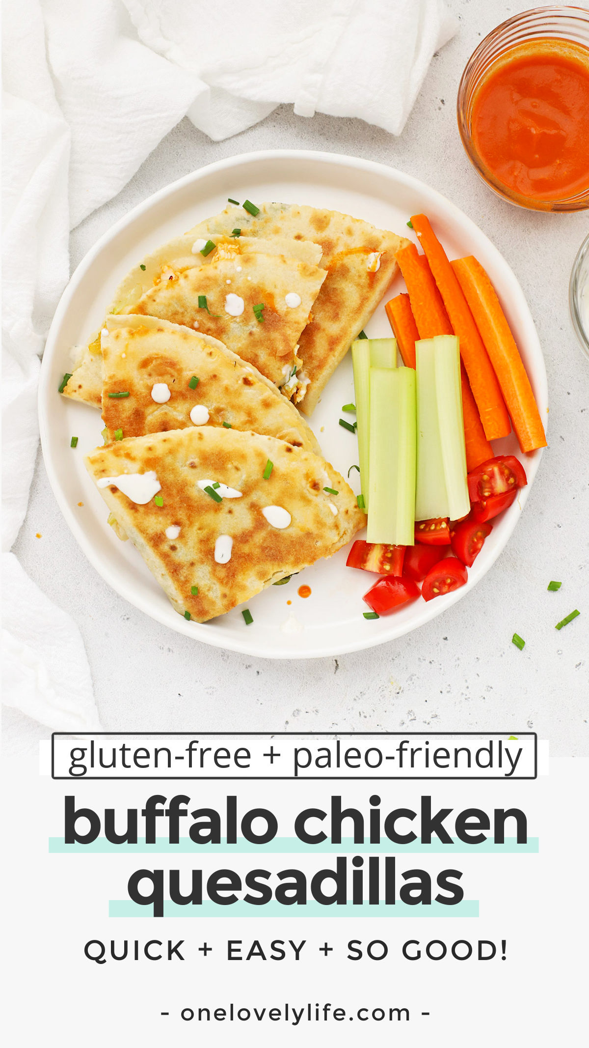 Buffalo Chicken Quesadillas - These gluten-free quesadillas are stuffed with Buffalo chicken, creamy ranch, lettuce, and your favorite cheese. They're quick, easy, and MAJORLY delicious! (Gluten-Free, Grain-Free Friendly // Buffalo Quesadillas // Buffalo Chicken Recipes