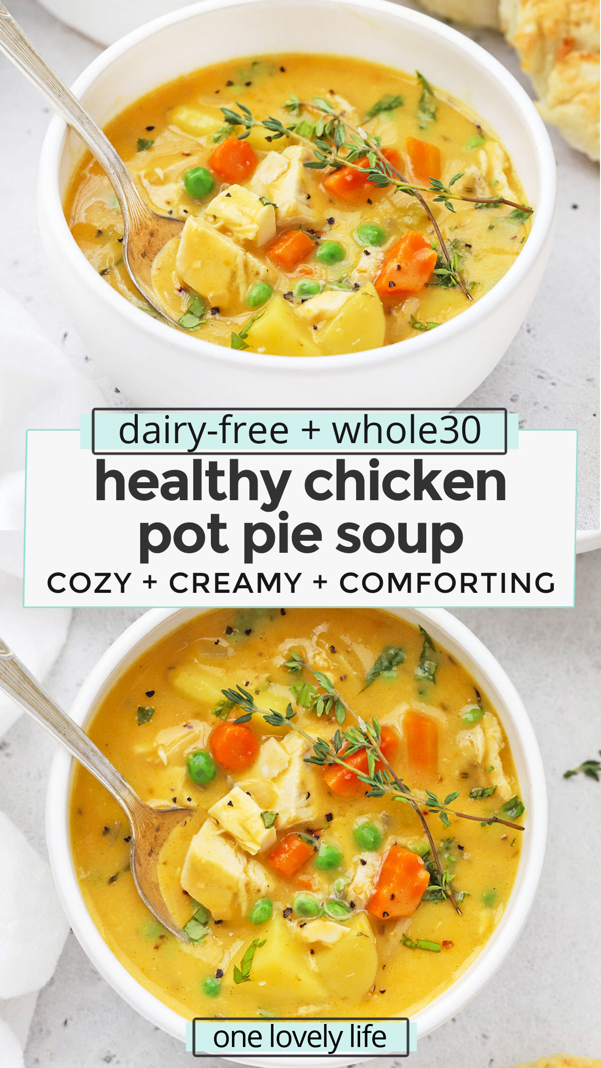 Healthy Chicken Pot Pie Soup - This dairy-free chicken pot pie soup is creamy, delicious, and cozy on a chilly day! (Whole30) // Whole30 Chicken Pot Pie Soup // Healthy Pot Pie Soup // Healthy Turkey Pot Pie Soup // Turkey Leftovers // Thanksgiving Leftovers // Dairy-Free turkey Pot Pie Soup // Whole30 Soup Recipe // Dairy-Free Soup Recipe // Healthy Soup Recipe #glutenfree #healthysoup #soup #thanksgiving #thanksgivingleftovers #turkey #chickenpotpie #whole30 #dairyfree