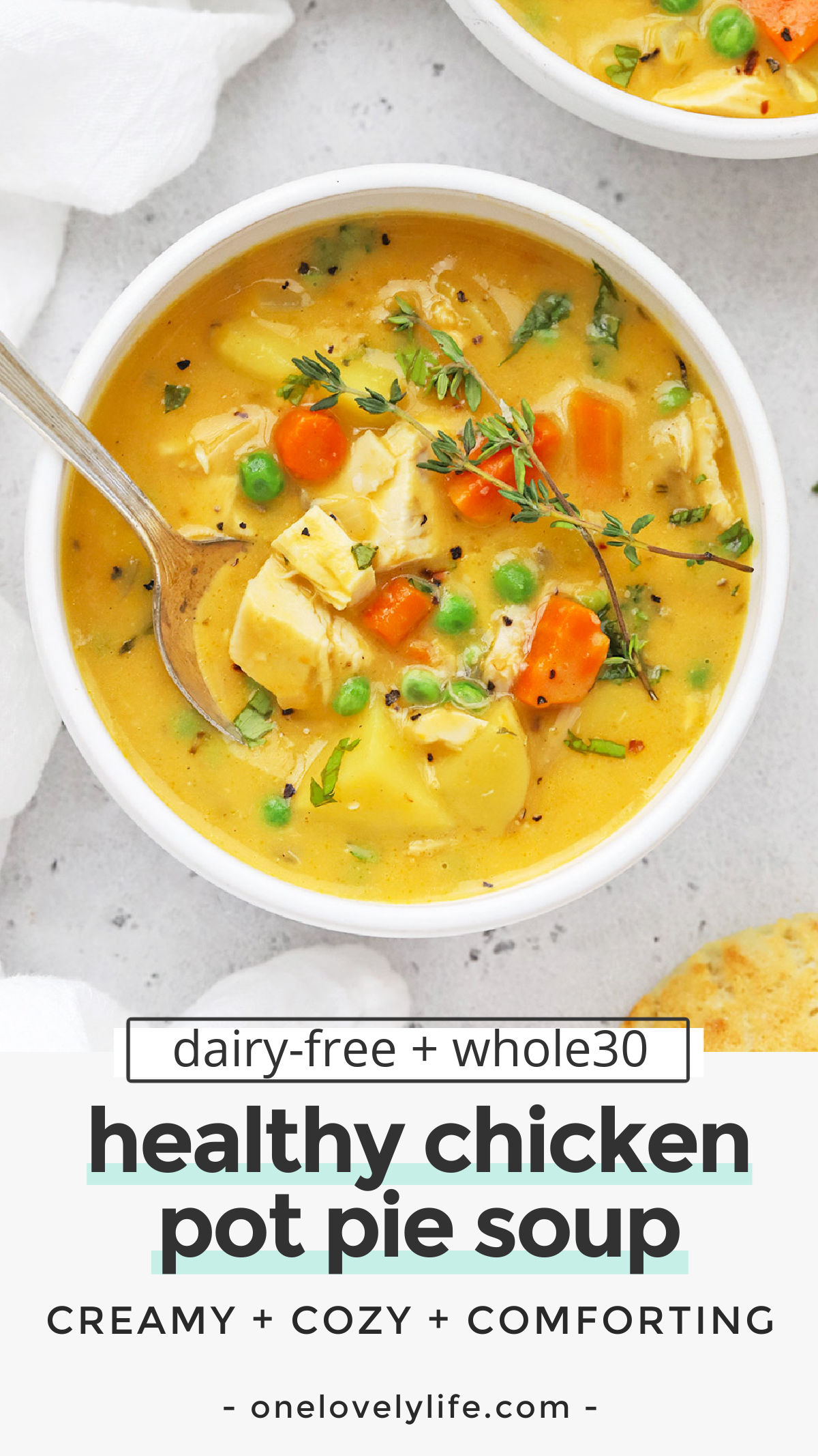 Healthy Chicken Pot Pie Soup - This dairy-free chicken pot pie soup is creamy, delicious, and cozy on a chilly day! (Whole30) // Whole30 Chicken Pot Pie Soup // Healthy Pot Pie Soup // Healthy Turkey Pot Pie Soup // Turkey Leftovers // Thanksgiving Leftovers // Dairy-Free turkey Pot Pie Soup // Whole30 Soup Recipe // Dairy-Free Soup Recipe // Healthy Soup Recipe #glutenfree #healthysoup #soup #thanksgiving #thanksgivingleftovers #turkey #chickenpotpie #whole30 #dairyfree