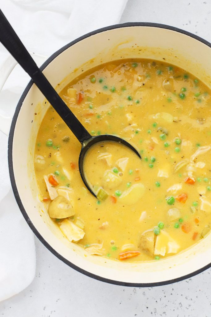 Overhead view of Dairy-Free Chicken Pot Pie Soup