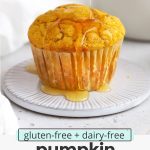 Front view of a gluten-free pumpkin muffin with a bite out of it, being drizzled with honey with text overlay that reads "gluten-free + dairy-free pumpkin cornbread muffins: light + fluffy + delightful"