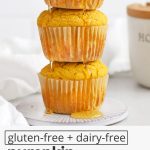 Overhead view of a gluten-free pumpkin muffin with a bite out of it, drizzled with honey with text overlay that reads "gluten-free + dairy-free pumpkin cornbread muffins: light + fluffy + delightful"