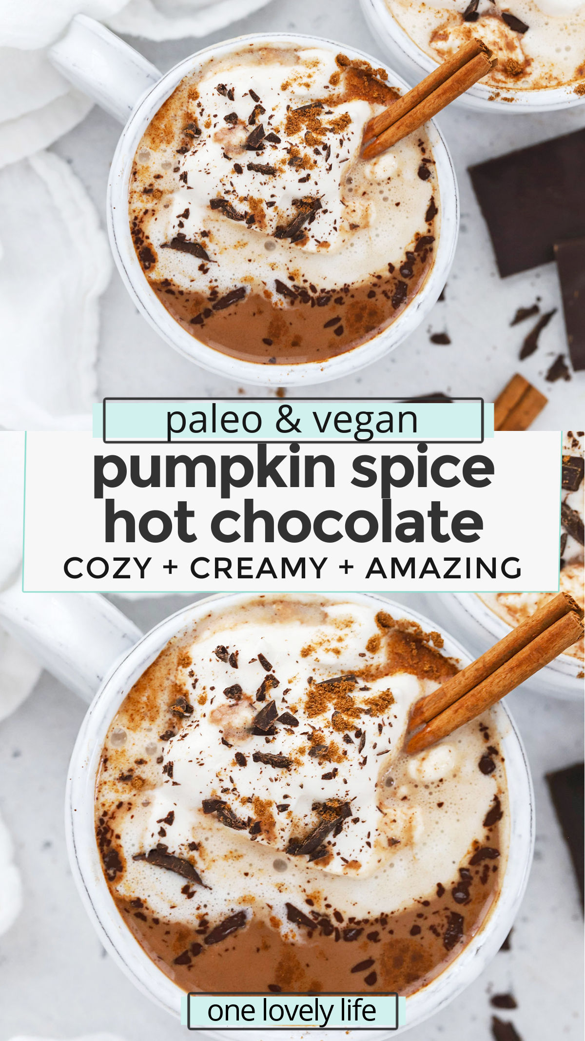 Vegan Pumpkin Spice Hot Chocolate - This dairy-free pumpkin spice hot chocolate is the perfect drink to cozy up with during cold weather. You'll love the rich, chocolatey flavor and warm kiss of spice. (Paleo-Friendly) // Pumpkin Spice Hot Cocoa Recipe // Vegan Hot Chocolate Recipe // Dairy Free Hot Chocolate Recipe // Pumpkin Hot Chocolate // Cinnamon Hot Chocolate